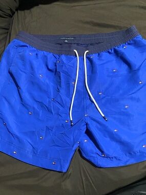 Tommy Hilfiger Men’s Bright Blue Logo Embroidered Swim Trunks